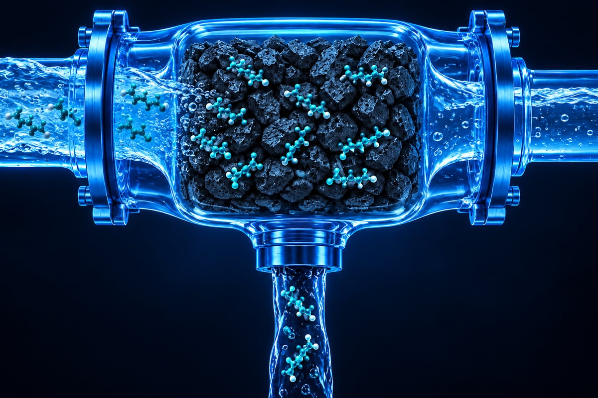 Conceptual illustration of water filtration, with stylized PFAS molecules retained on carbon and in a concentrated residual stream